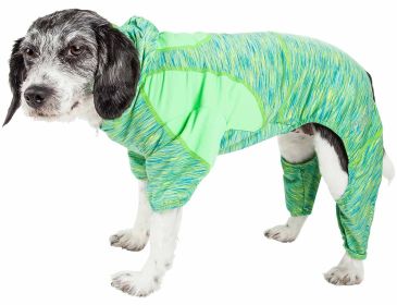 Pet Life Active 'Downward Dog' Heathered Performance 4-Way Stretch Two-Toned Full Body Warm Up Hoodie - Green - Small