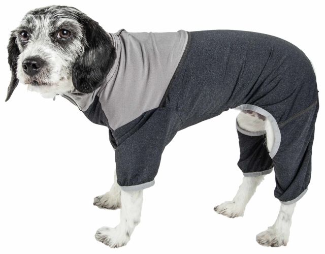 Pet Life Active 'Embarker' Heathered Performance 4-Way Stretch Two-Toned Full Body Warm Up - Black - Large