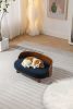 Scandinavian style Elevated Dog Bed Pet Sofa With Solid Wood legs and Bent Wood Back, cashmesh Cushion, Walnut wood,dark blue cashmesh. - as Pic