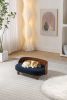 Scandinavian style Elevated Dog Bed Pet Sofa With Solid Wood legs and Bent Wood Back, cashmesh Cushion, Walnut wood,dark blue cashmesh. - as Pic